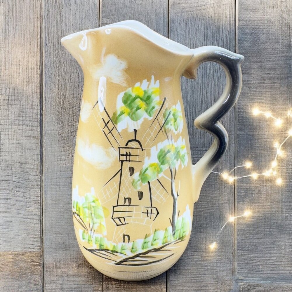 Vintage Nippon Japan Yoko Boeki Ceramic Windmill Pitcher Ewer Jug Stoneware VTG